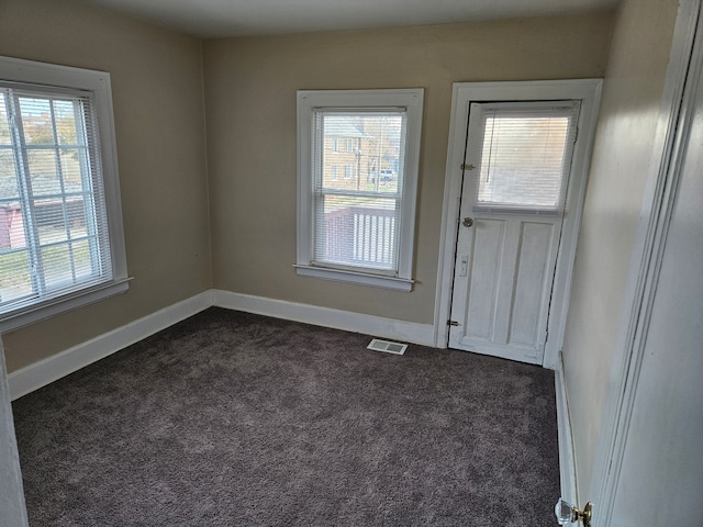 entryway with plenty of natural light and dark carpet