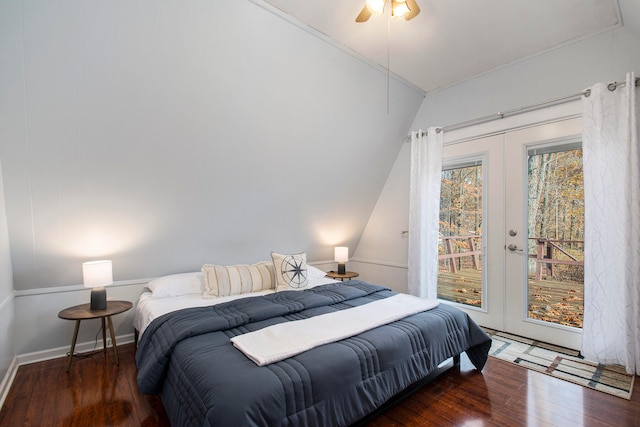 bedroom with access to exterior, dark hardwood / wood-style flooring, vaulted ceiling, and ceiling fan