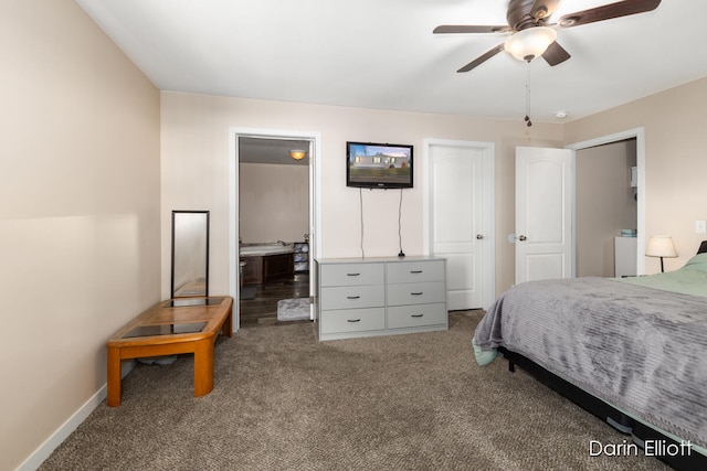 bedroom featuring ceiling fan and dark colored carpet