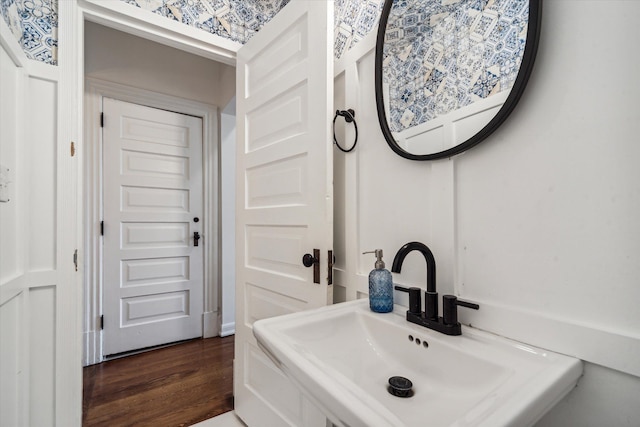 bathroom with wood-type flooring and sink