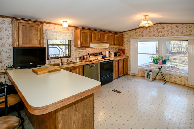 kitchen featuring kitchen peninsula, electric range oven, plenty of natural light, and lofted ceiling