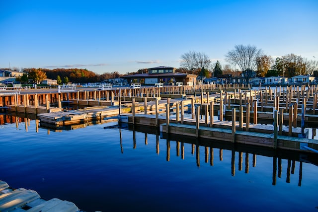 view of dock with a water view