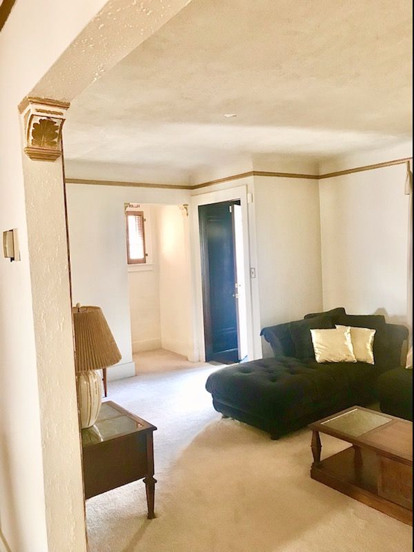 living room with crown molding, carpet floors, and a textured ceiling