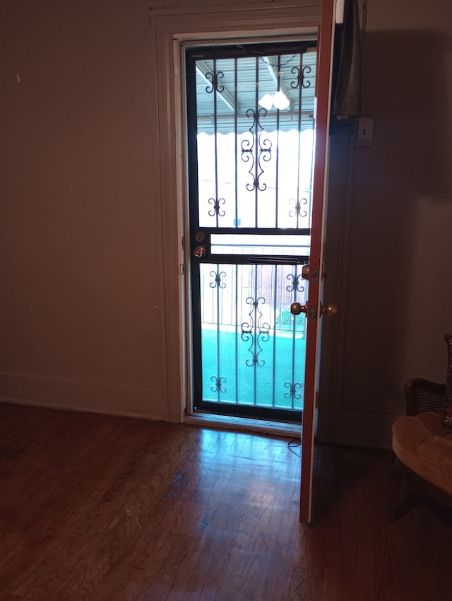 doorway with plenty of natural light and dark wood-type flooring