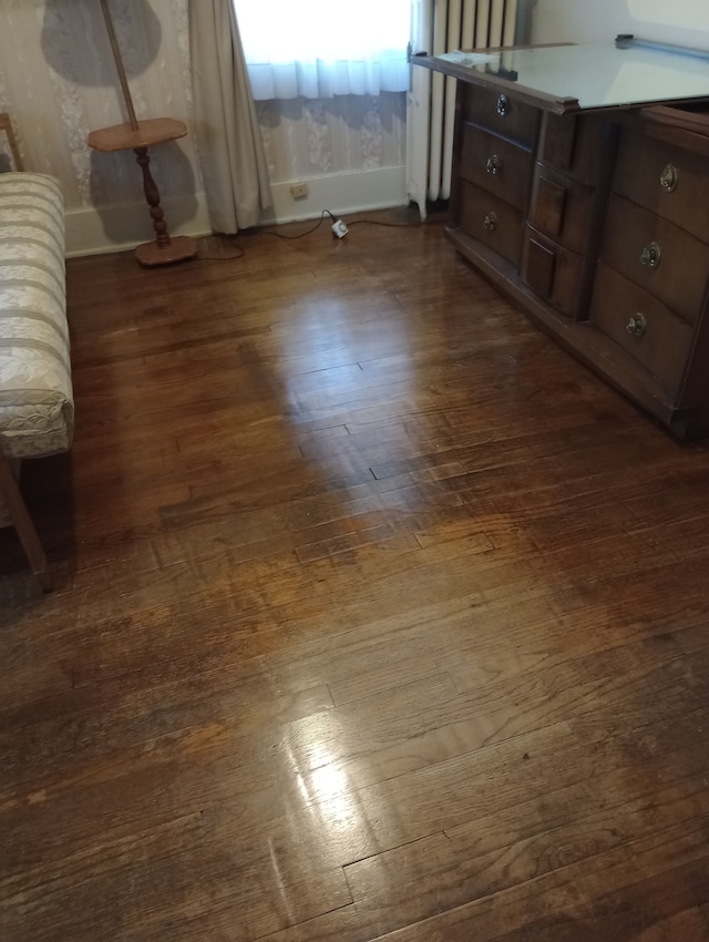 bedroom with radiator and dark wood-type flooring