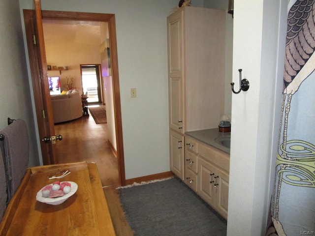 bathroom with hardwood / wood-style flooring