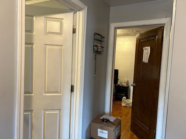 hallway with hardwood / wood-style flooring