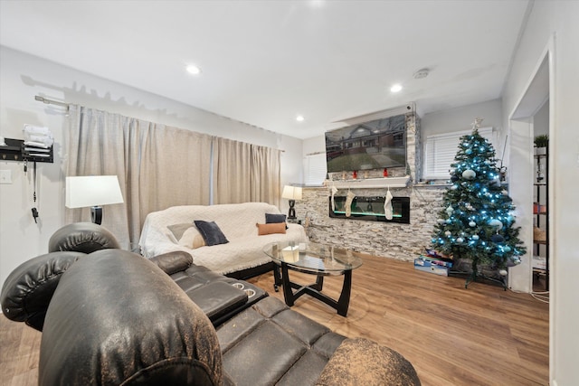 living room featuring wood-type flooring and a stone fireplace