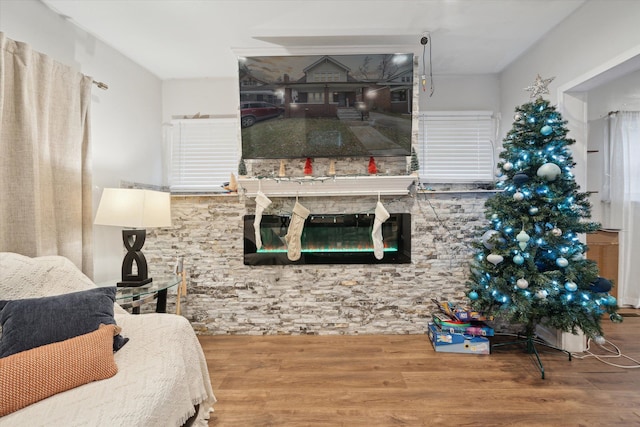 living room featuring a stone fireplace and hardwood / wood-style floors