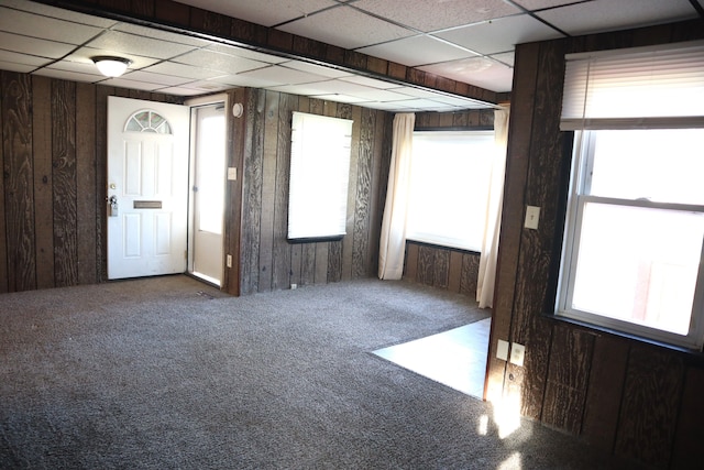 interior space featuring carpet, a paneled ceiling, a wealth of natural light, and wooden walls