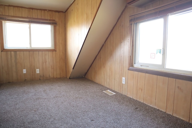 bonus room with a wealth of natural light and wooden walls