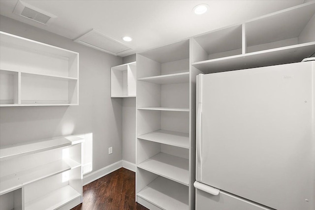 walk in closet with dark hardwood / wood-style flooring