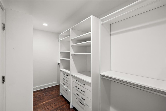 walk in closet featuring dark wood-type flooring