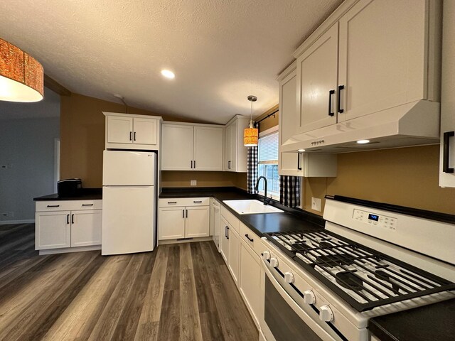 206 Crane St, Union City, MI 49094 - kitchen with white appliances, a sink, under cabinet range hood, dark wood finished floors, and dark countertops