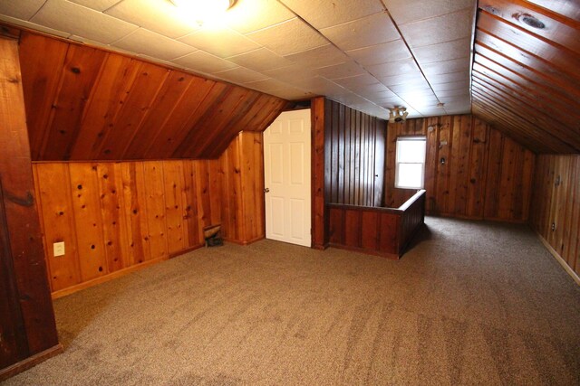 20253 Washtenaw St, Harper Woods, MI 48225 - additional living space with vaulted ceiling, wood walls, and carpet flooring