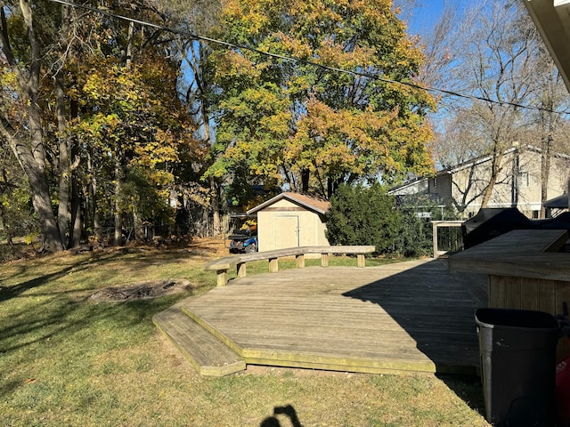 view of yard with a shed and a deck