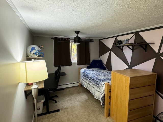 carpeted bedroom with crown molding, a textured ceiling, and a baseboard heating unit