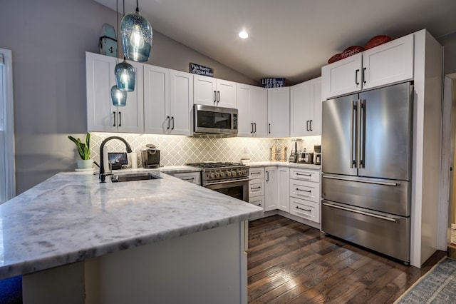 kitchen featuring white cabinets, dark hardwood / wood-style flooring, light stone countertops, and high quality appliances