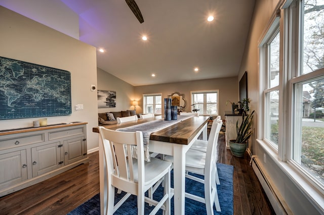 dining space with baseboard heating, dark hardwood / wood-style flooring, and a healthy amount of sunlight