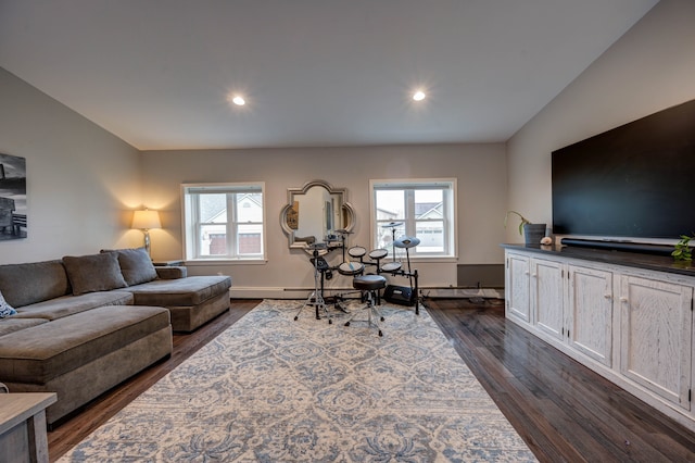 living room with dark hardwood / wood-style flooring, a healthy amount of sunlight, and vaulted ceiling