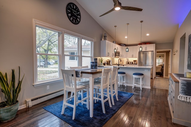 dining room with plenty of natural light, vaulted ceiling, dark hardwood / wood-style flooring, and a baseboard radiator