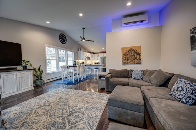 living room featuring lofted ceiling, dark hardwood / wood-style floors, ceiling fan, baseboard heating, and a wall unit AC