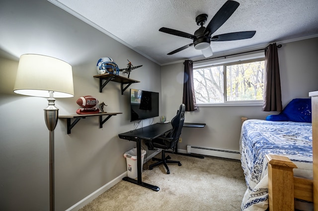 carpeted bedroom featuring a textured ceiling, ceiling fan, crown molding, and baseboard heating