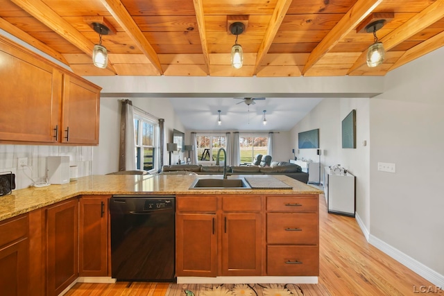 kitchen featuring kitchen peninsula, dishwasher, hanging light fixtures, and sink