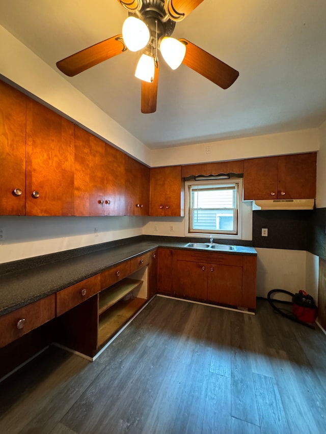 kitchen with ceiling fan, dark hardwood / wood-style flooring, and sink