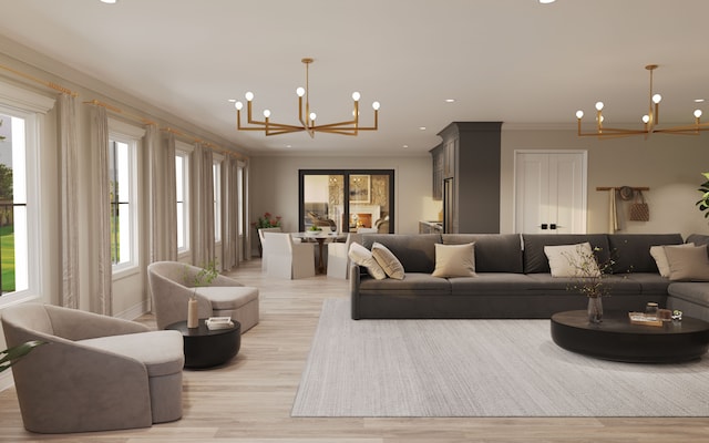 living room featuring a chandelier, light hardwood / wood-style flooring, and ornamental molding