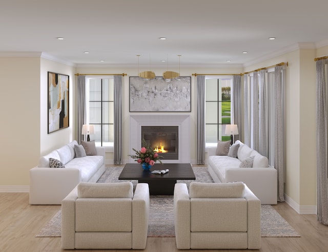 living room with light hardwood / wood-style floors and crown molding