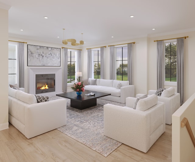 living room featuring ornamental molding and light wood-type flooring