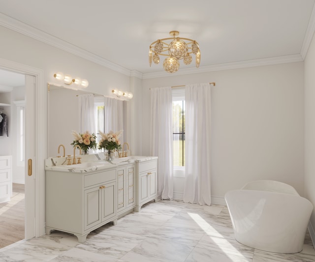 bathroom with vanity and ornamental molding