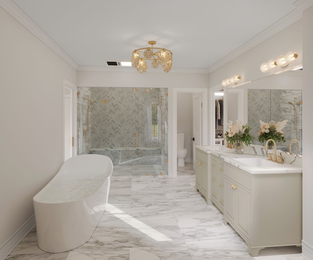 full bathroom featuring toilet, vanity, shower with separate bathtub, and ornamental molding