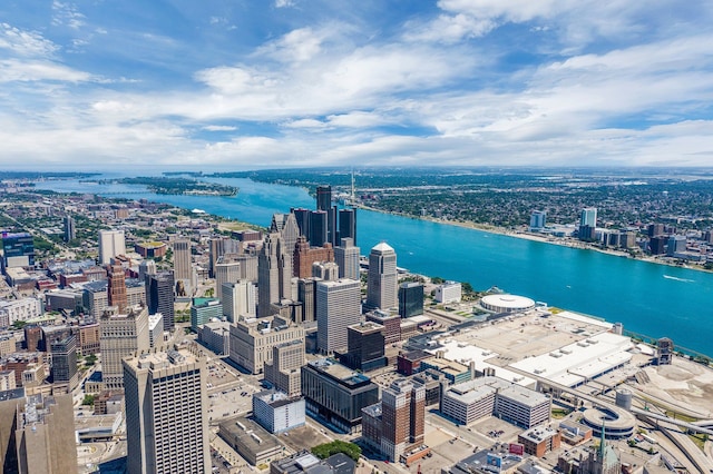 bird's eye view with a water view