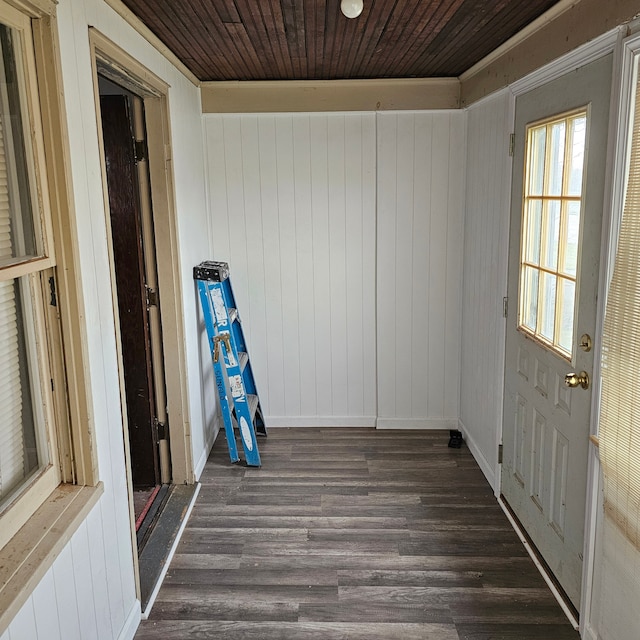 1453 S Merriman Rd, Westland, MI 48186 - spare room with dark hardwood / wood-style flooring, wooden walls, and wood ceiling