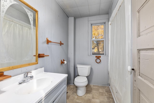 bathroom with vanity, toilet, and wooden walls