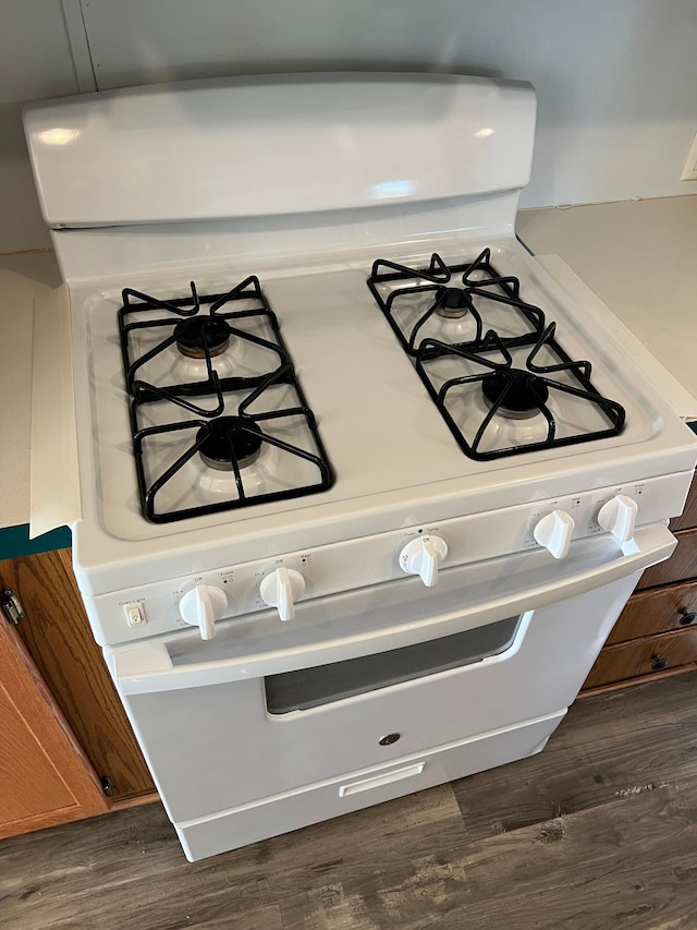 interior details featuring dark hardwood / wood-style flooring and white gas range