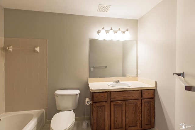 full bathroom featuring toilet, shower / washtub combination, and vanity