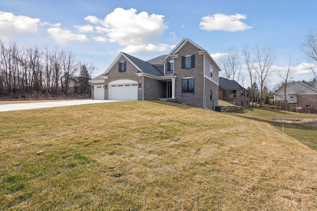 traditional-style home with a front lawn, brick siding, and driveway