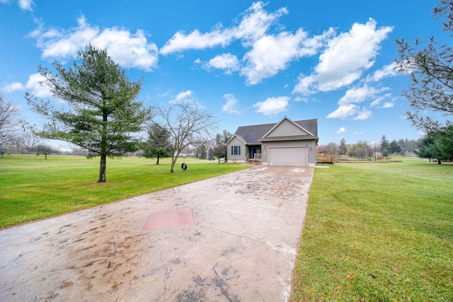 ranch-style home featuring a front yard and a garage