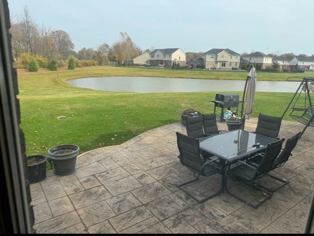 view of patio with a water view