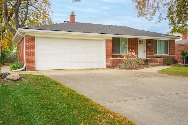 ranch-style home featuring a porch, a garage, and a front lawn