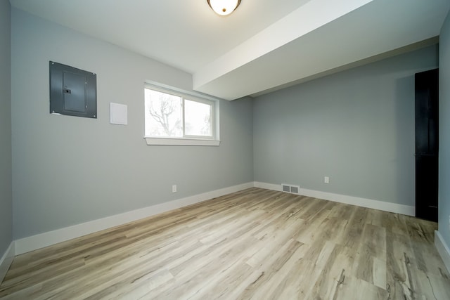 interior space with light hardwood / wood-style floors and electric panel