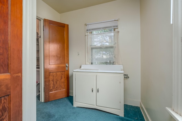 laundry area featuring sink and light colored carpet