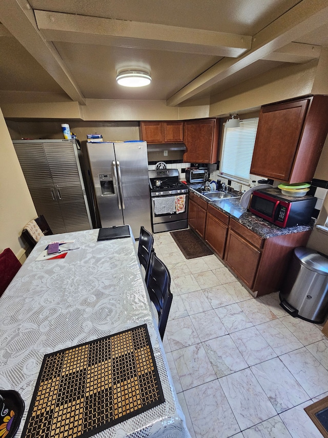 kitchen featuring beamed ceiling, ventilation hood, stainless steel appliances, and sink