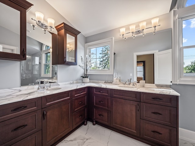 bathroom with a wealth of natural light and lofted ceiling