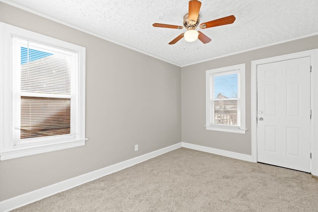 empty room with a wealth of natural light, ceiling fan, light carpet, and a textured ceiling