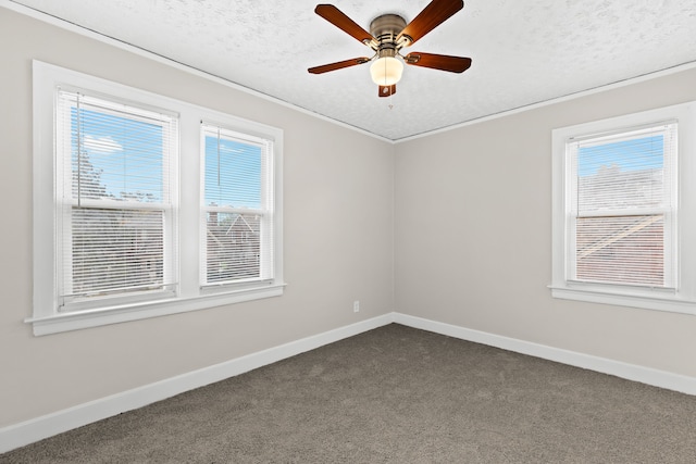 empty room featuring carpet, a textured ceiling, and ceiling fan