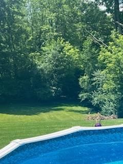 view of swimming pool with a yard